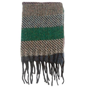 Detailed view of the striped knit texture and fringe edge on this winter scarf