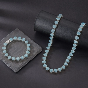 Silver Cuban link necklace and bracelet set with blue heart crystals for men and women