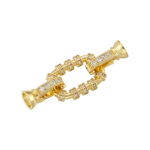 Close-up of 18K gold plated geometric jewelry clasp with micro-set zircon details