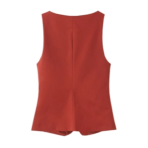 Deep red sleeveless button-front top for women shown from a clean back view on white background