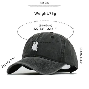 Tableau des tailles pour casquette en coton lavé brodée fantôme avec dimensions détaillées