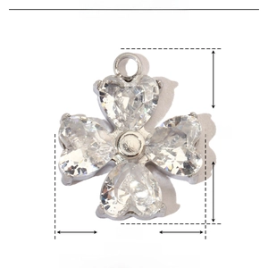 Detail showing 14mm silver four leaf clover pendant specs in stainless steel and zircon