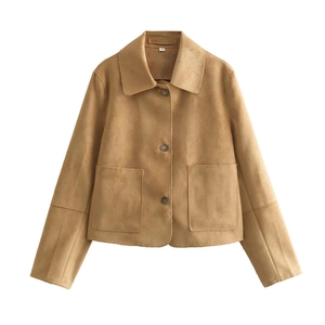 Short Faux Suede Jacket For Women Turn-down Collar Long Sleeve Solid Color Camel Casual Elegant Button Outerwear Coat