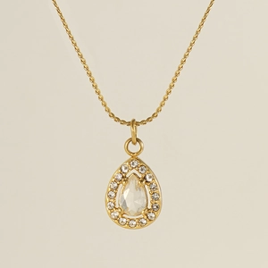 Close-up of 18K gold-plated teardrop pendant with micro-pave cubic zirconia setting