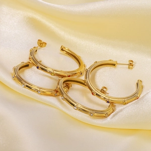 French Retro C-Shaped Hoop Earrings Stainless Steel 18K Gold Plated Micro Multi Color Zirconia Geometric Jewelry Women