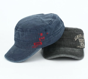 Distressed cotton baseball caps in blue and charcoal grey with side embroidery detail