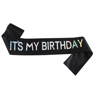 Elegant black satin birthday sash with holographic silver IT'S MY BIRTHDAY lettering