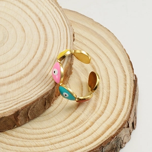 18k gold plated stainless steel open ring featuring colorful enamel evil eye charms