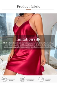 Detailed view of red imitation silk satin nightgown fabric with care instructions