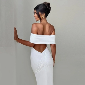 Detailed back view of a white off-shoulder backless maxi dress with elegant pleats