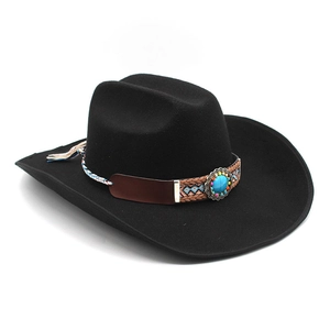 Black western cowboy felt hat with 9.5cm wide brim and ethnic turquoise band