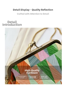 Close-up of golden kiss-lock clasp and colorful geometric triangle pattern on shell bag