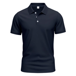 Detail of navy polo shirt showing breathable honeycomb fabric texture and inner size label
