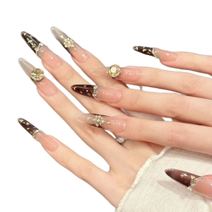 Pink brown gradient press-on nails with luxury rhinestones and gold leaf accents