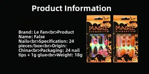Detailed view of Halloween long press-on nails with pumpkin and spider web designs