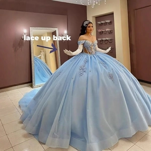 Elegant off-shoulder light blue ballroom wedding dress with lace-up back and floral details