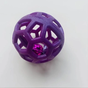 Hollow purple TPR rubber pet toy ball with pink internal bell for dogs and cats