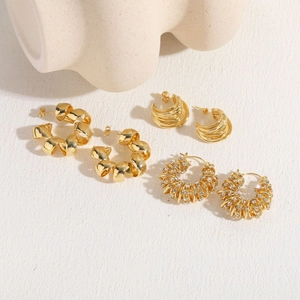 Luxury 14K gold plated twist C-shape hoop earring set with sparkling zircon accents