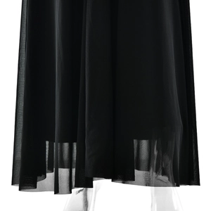 Detail shot of black sheer layered mesh hemline on a pleated ruched maxi dress