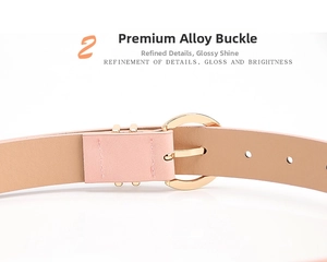 Detailed close-up of pink nubuck leather belt featuring a round gold alloy buckle