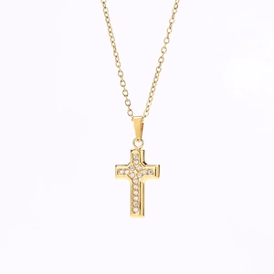 Elegant gold stainless steel necklace featuring a cross pendant with micro-inlaid zircons