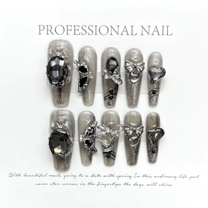 Handmade Gothic Dark Press On Nails With 3D Butterfly Bow Rhinestone Luxury Grey Cat Eye Long Trapezoid Nails For Women