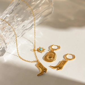 Western style stainless steel cowboy boot and hat pendant necklace with turquoise bead