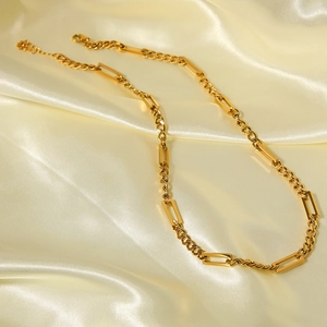 Gold titanium steel necklace with alternating square and round links on beige silk