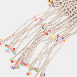 Chapeau de plage beige crocheté main avec perles colorées et franges au style bohème