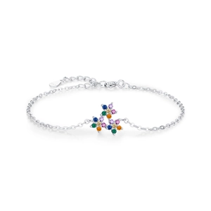 S925 sterling silver bracelet featuring colorful gemstone flowers on an O-chain