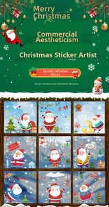 Close-up of static Christmas window stickers featuring Santa, trees, and snowflakes decor
