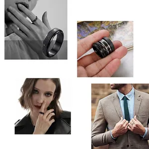 Set di anelli da uomo in acciaio al titanio nero con catena rotante e design opaco