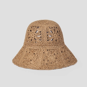 Detail of hand-crocheted hollow floral patterns on a brown straw sun hat for women