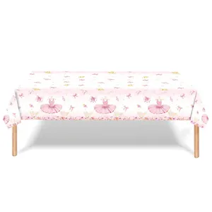 Pink and white ballet-themed disposable tablecloth with tutu and floral pattern design