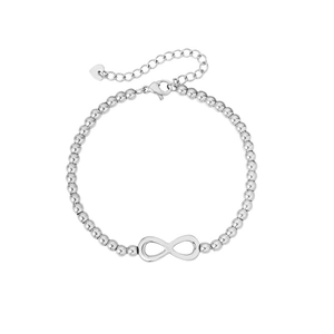 Detailed view of silver infinity bead bracelet with adjustable chain and heart pendant