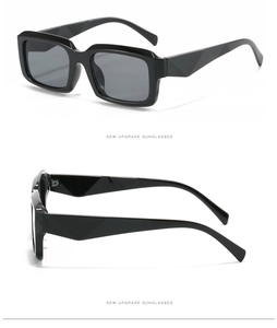 Detail view of black square sunglasses featuring modern geometric temples and premium finish