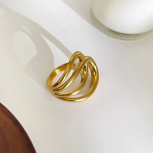 Fashionable 18K gold-plated multi-layer wrapped geometric ring for women in stainless steel