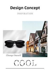 Detail of lightweight black polarized sunglasses with wide temples and circular frames