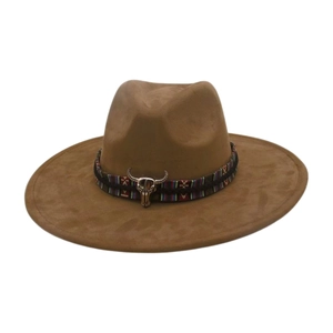 Detailed view of a brown wide-brimmed hat featuring a colorful band and metal bull head