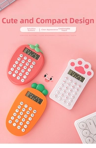 Detailed view of mini calculators in strawberry, carrot and cat paw cartoon shapes