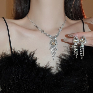 Model wearing a luxury zircon tassel necklace and earrings set with champagne gemstones