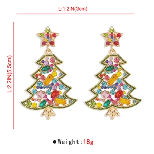 Detail of Christmas tree earrings with colorful rhinestones and 3x5.5cm size dimension
