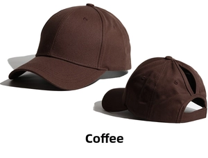 Detail of coffee brown ponytail baseball cap with cotton twill texture and rear opening