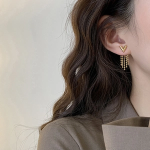 Elegant gold V-shaped chain tassel earrings for women with a polished metallic mirror finish