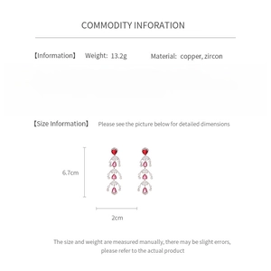 Detailed chart showing size and weight specs of red heart zircon tassel earrings