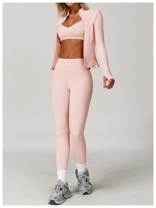 Completo da yoga 3 pezzi rosa cipria con reggiseno, leggings a vita alta e giacca