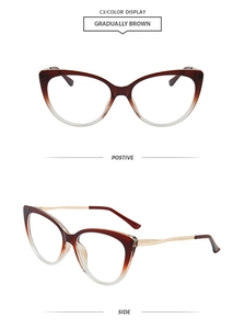 Front and side view of cat-eye glasses frames in gradually brown with metal temples