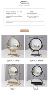 Detailed size chart for minimalist metal desktop makeup mirrors with storage tray