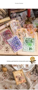 Detail of vintage botanical PET stickers with clear floral designs for DIY scrapbooking