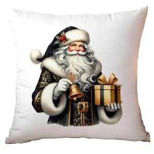 Detail of Christmas pillowcase with Santa Claus illustration in black and gold theme